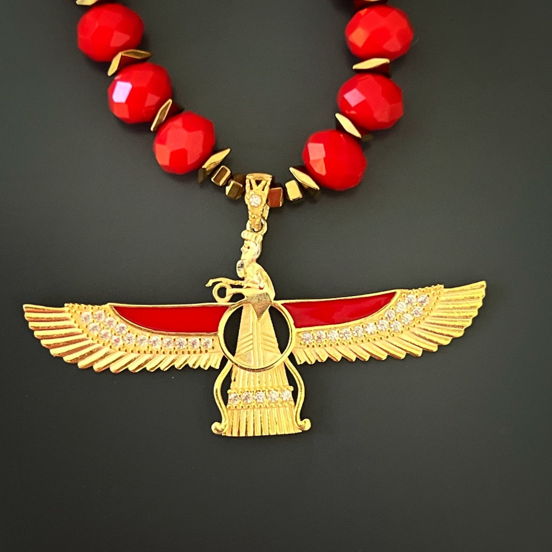 Positive Vibes - the captivating Red Crystal Faravahar Necklace.