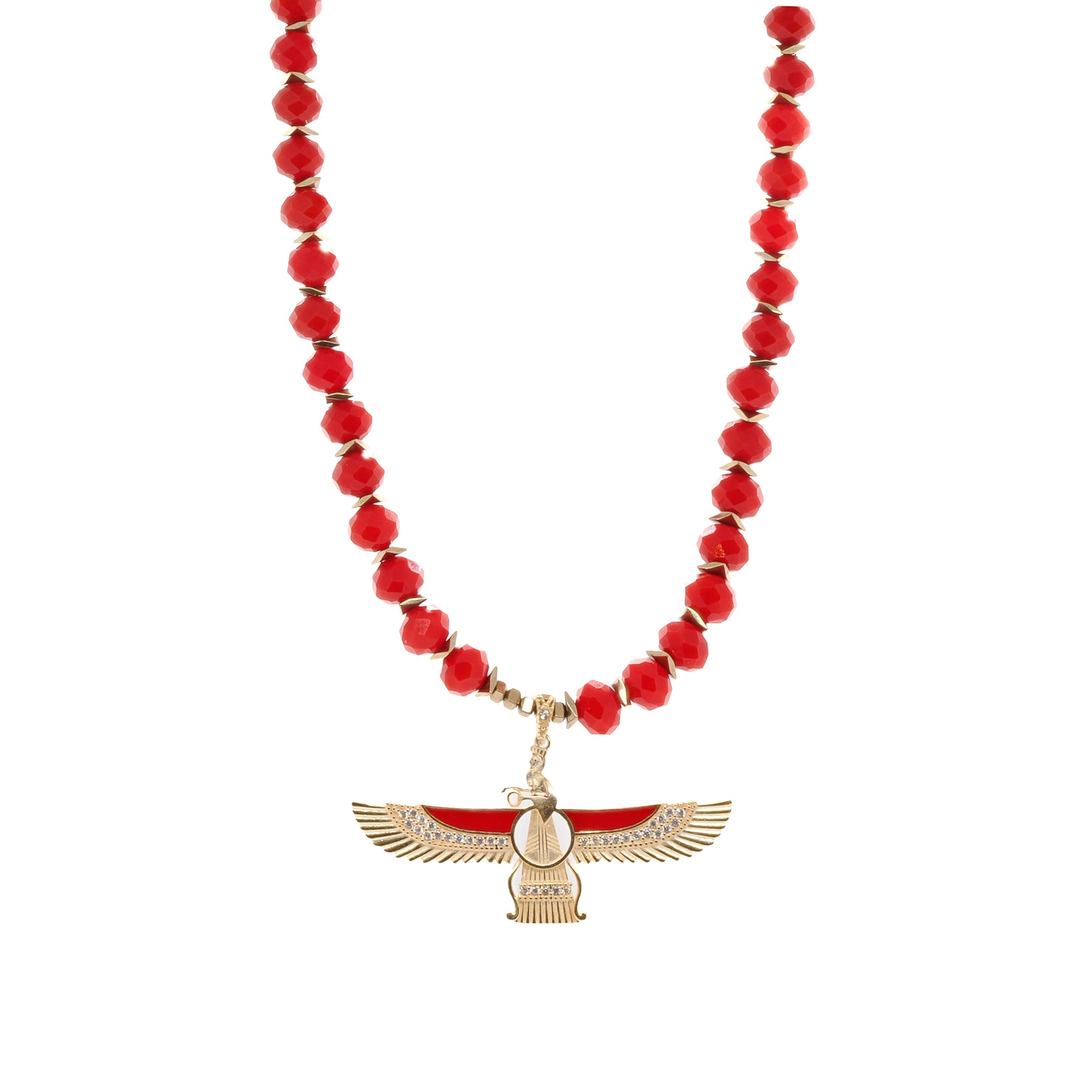Ancient Symbol, Modern Style - The Red Crystal Faravahar Necklace Adds a Touch of Elegance.