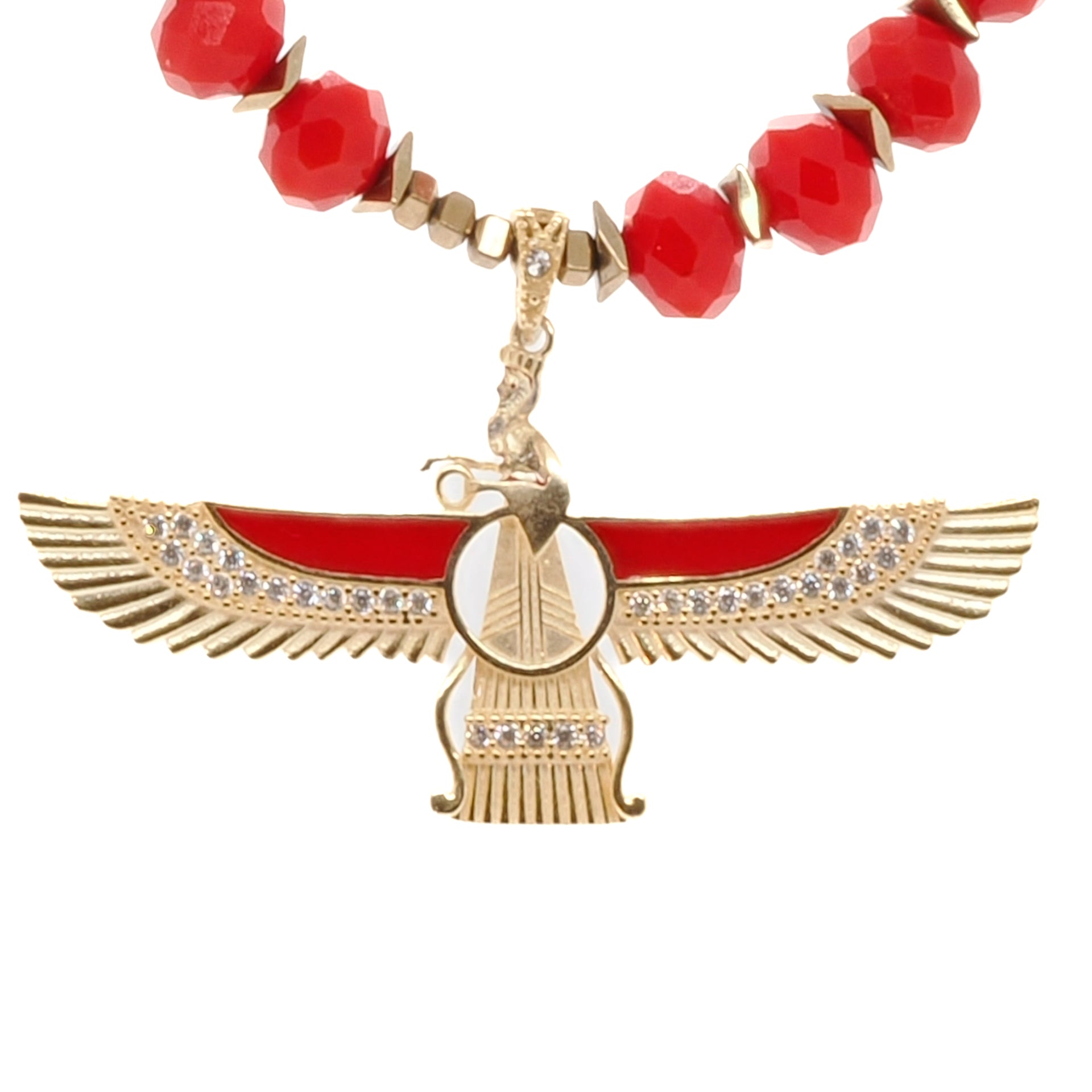 Red Crystal Faravahar Necklace - Handmade Jewelry with Gold Hematite and Red Crystal Beads.
