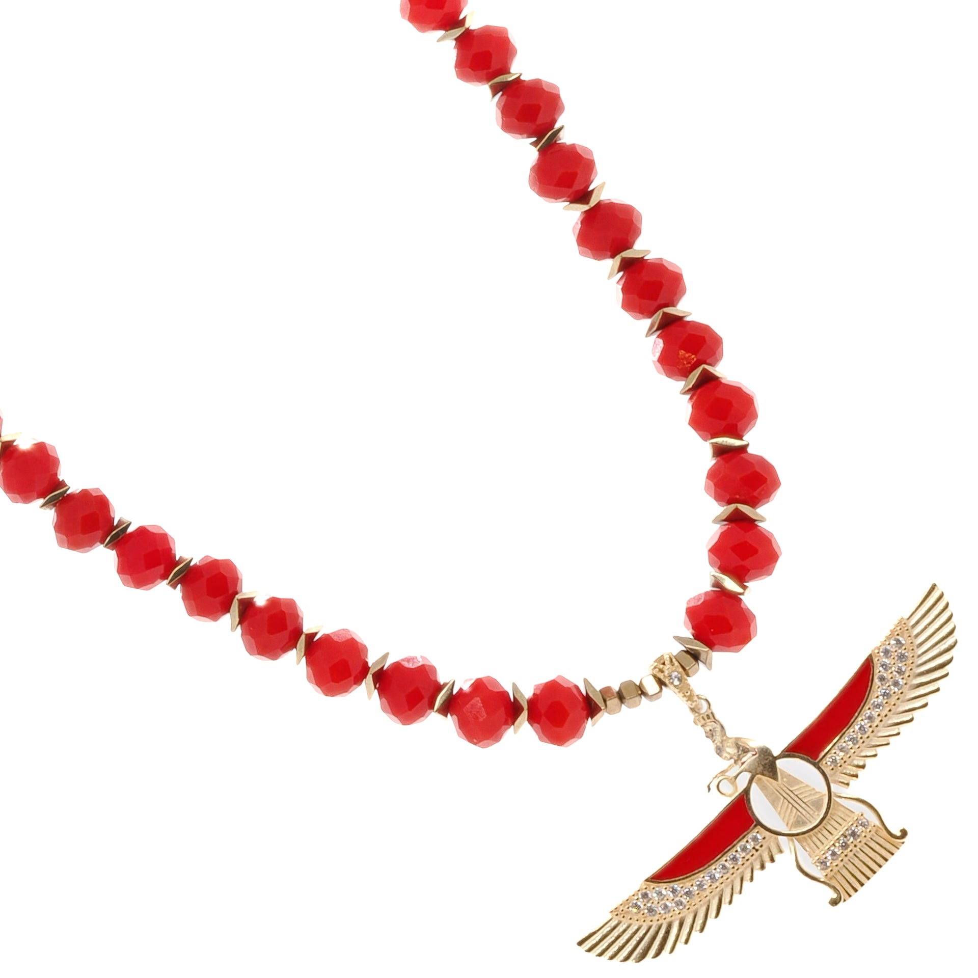 Divine Symbolism - The Faravahar Pendant on the Handcrafted Red Crystal Necklace.
