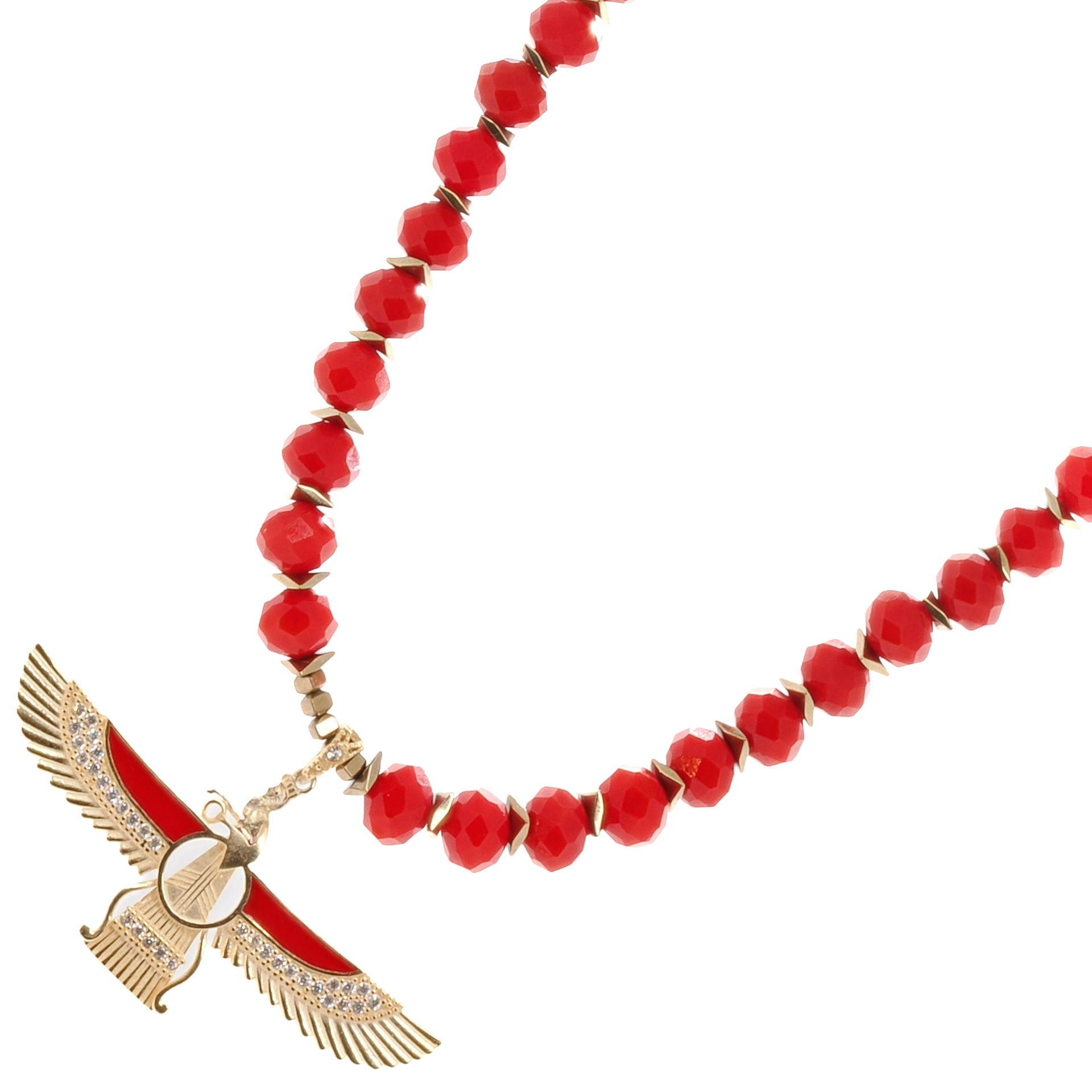 Stylish Protection - The Gold Hematite Beads and Symbolic Pendant on the Red Crystal Necklace.