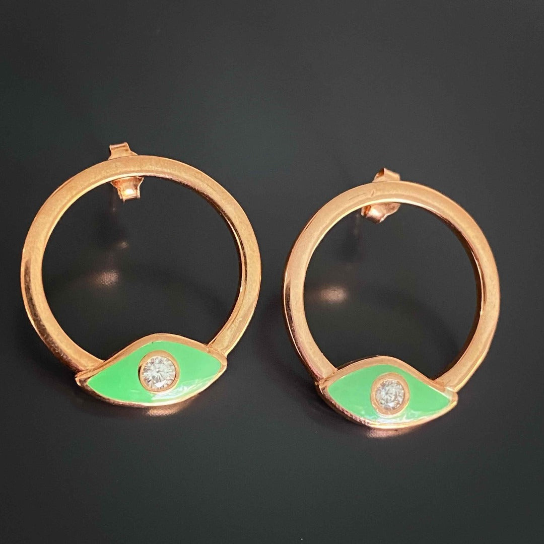 Handcrafted in the USA - Rose Gold Green Evil Eye Earrings with care
