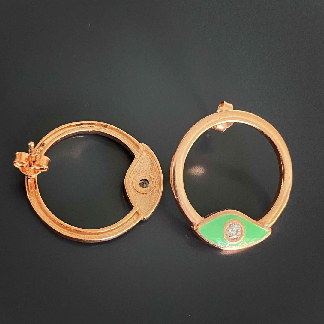 Ancient symbolism - Rose Gold Green Evil Eye Earrings with a protective charm