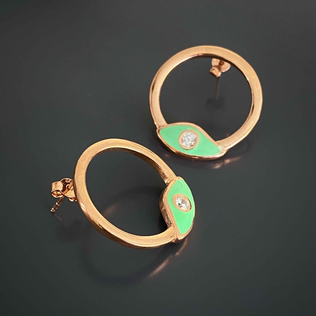 18k rose gold plated - Green Evil Eye Earrings for luck and success