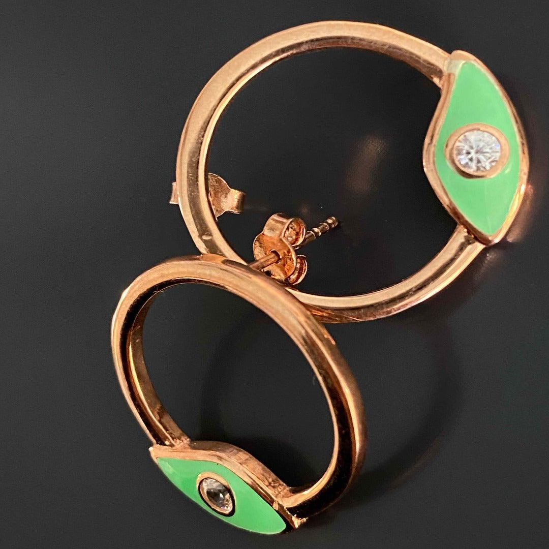 Dainty and stylish - Rose Gold Green Evil Eye Earrings for everyday wear