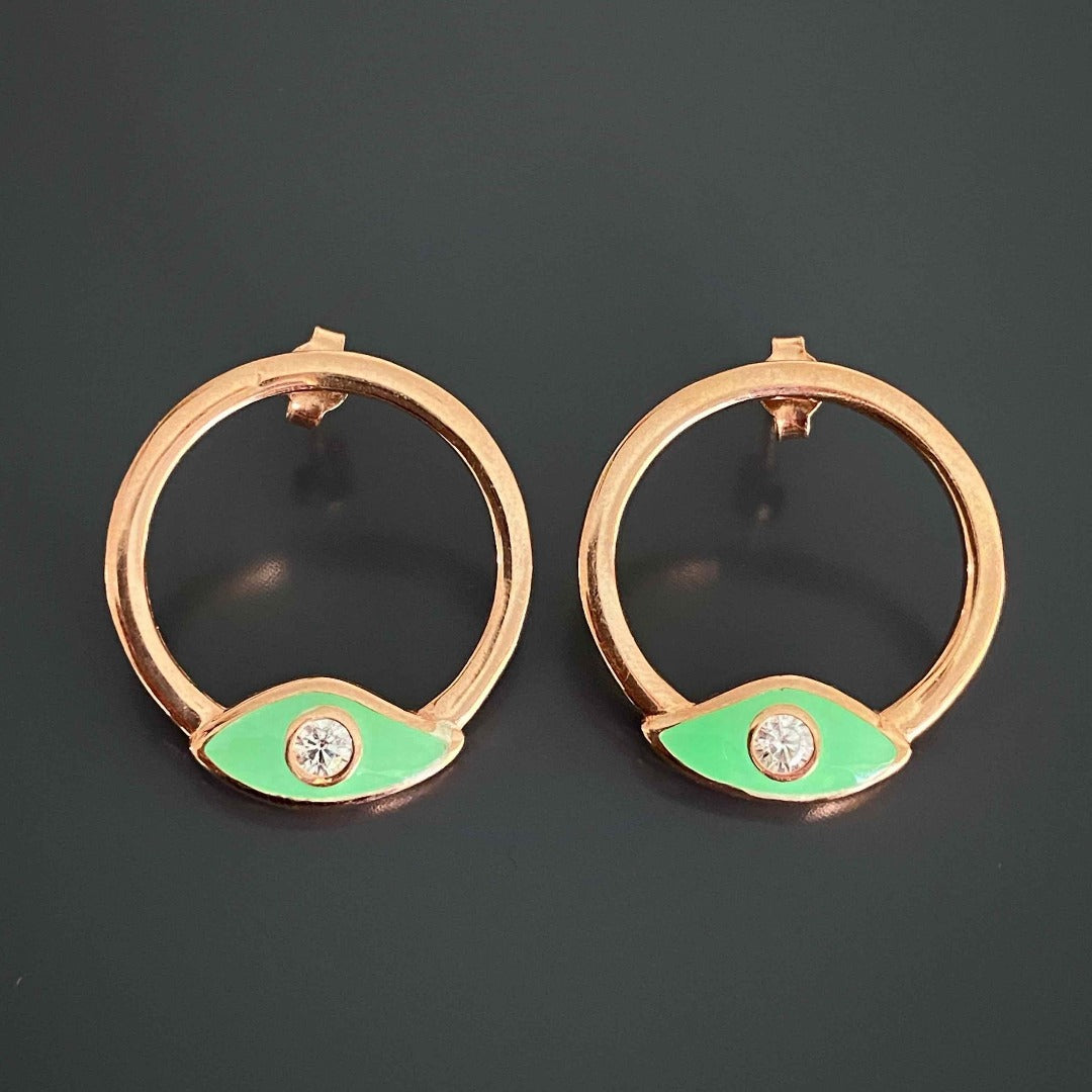 Stylish Rose Gold Green Evil Eye Earrings - A blend of elegance and symbolism