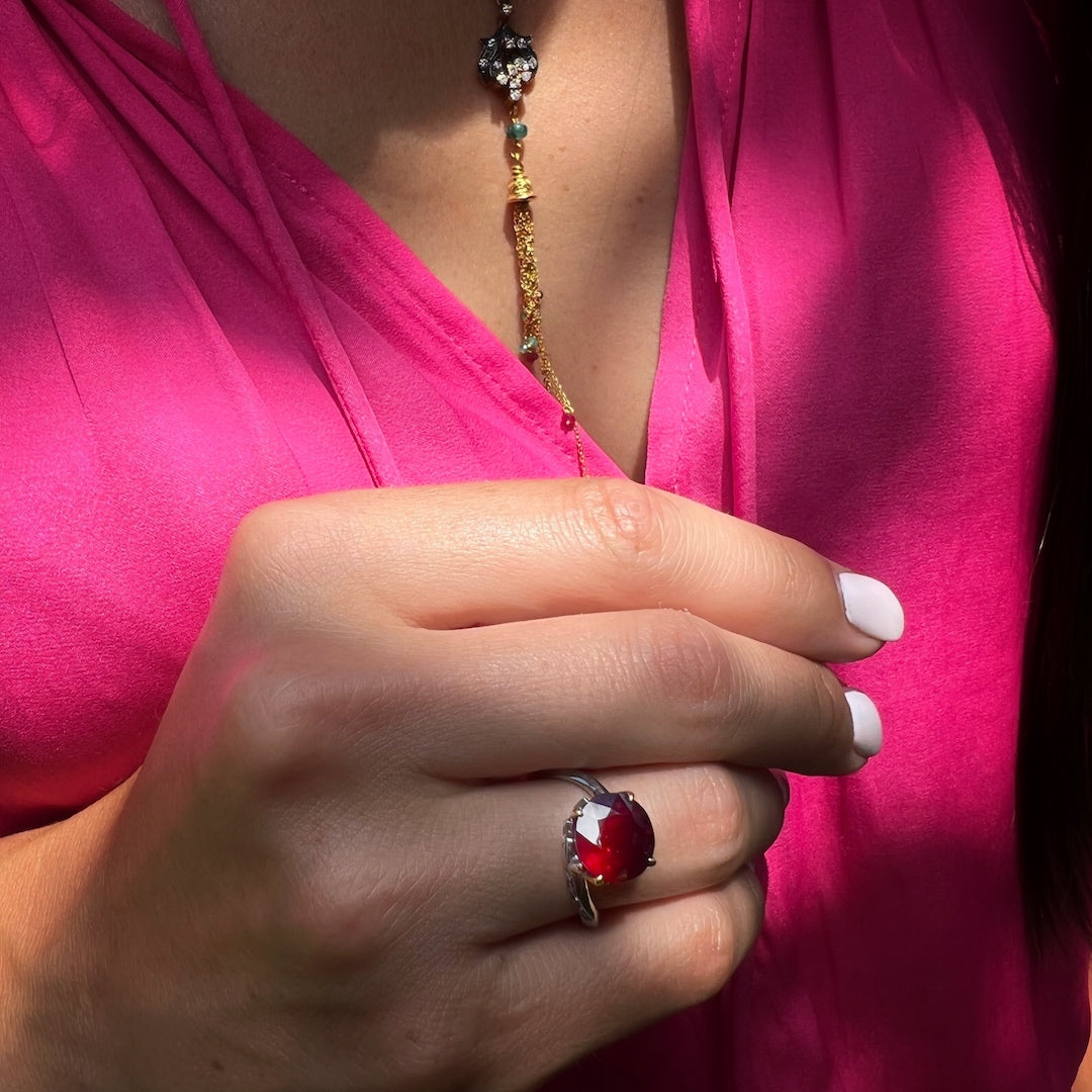 Model Wearing Twisted Ruby Engagement Ring - Embracing love and elegance.