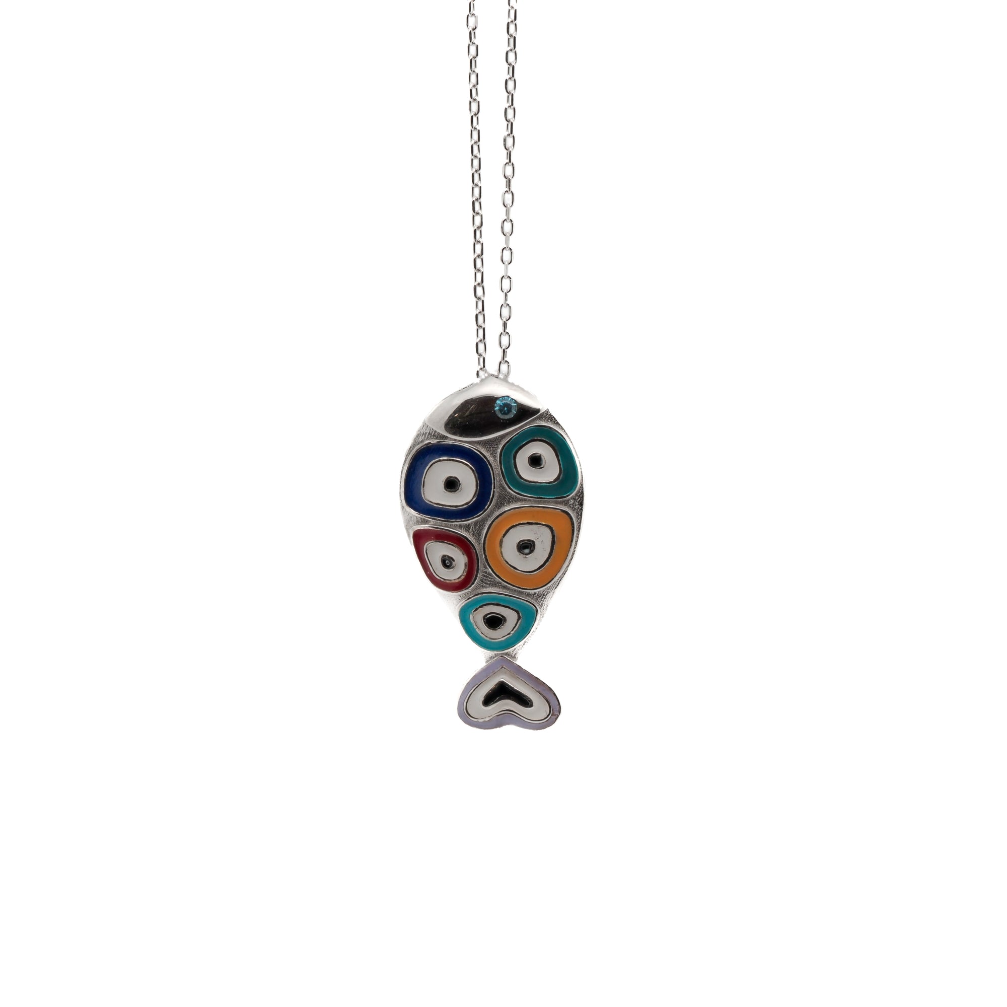 The Silver Evil Eye Fish Necklace, a stylish and spiritual piece that brings together elements of good luck and protection.