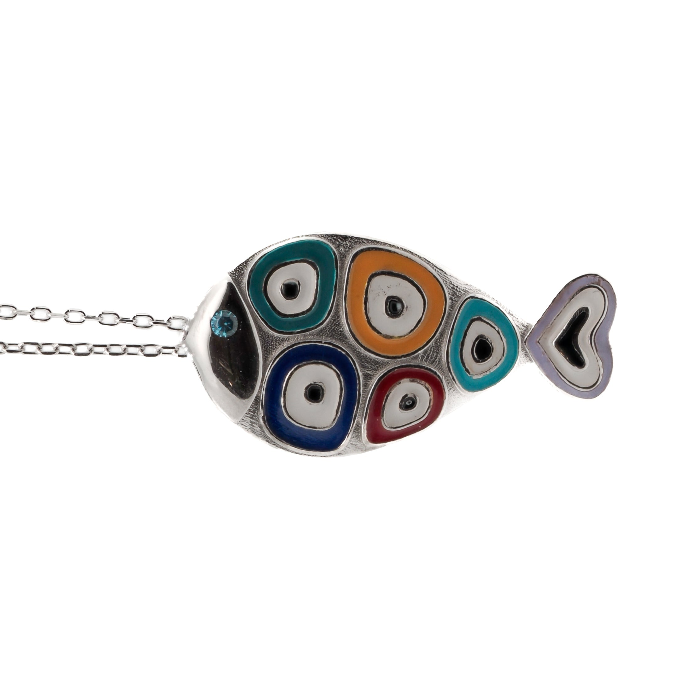 A close-up of the Silver Evil Eye Fish Necklace, highlighting the detailed fish pendant and vibrant evil eye accents.