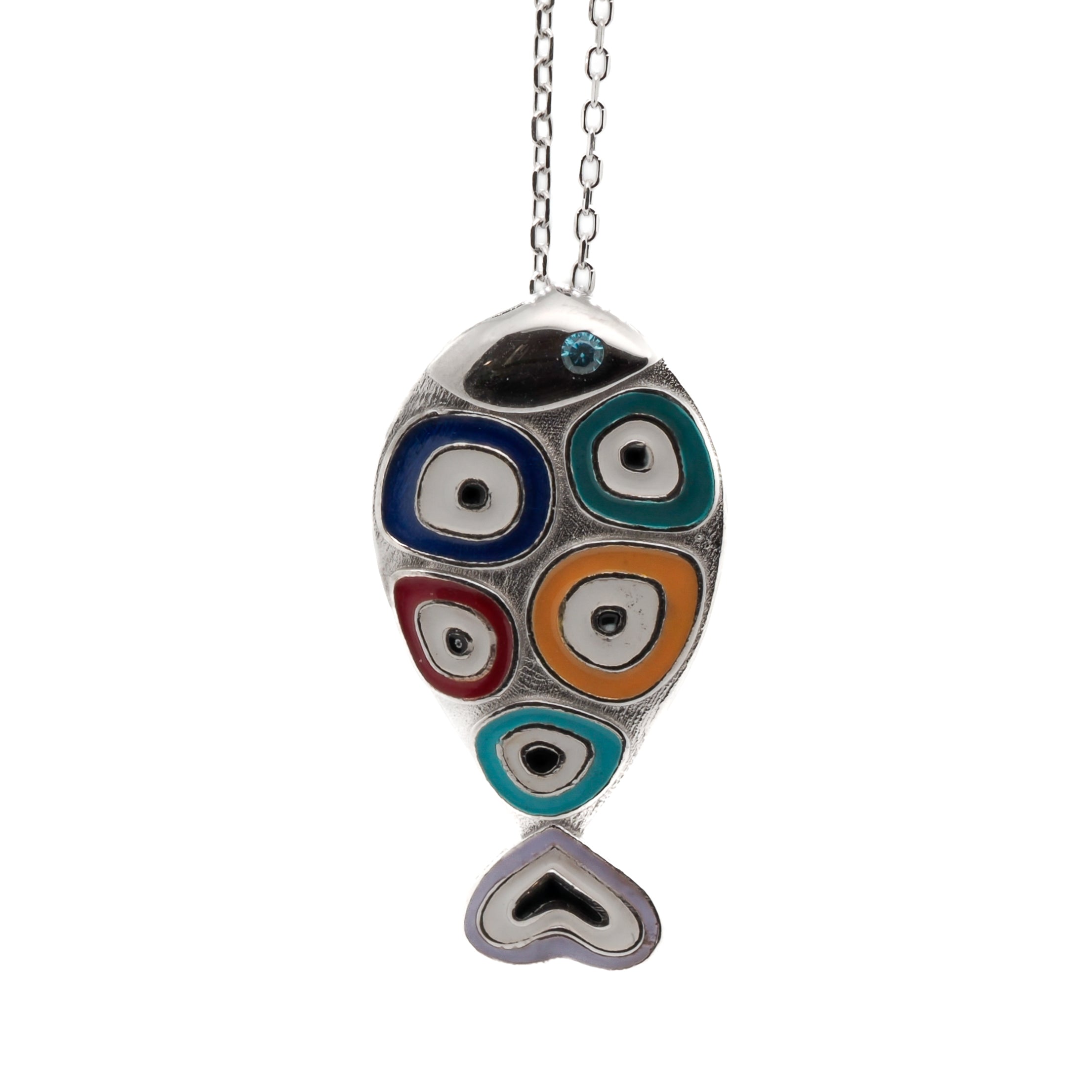 The Silver Evil Eye Fish Necklace, a stunning handmade piece with a symbolic Fish pendant and intricate evil eye designs.