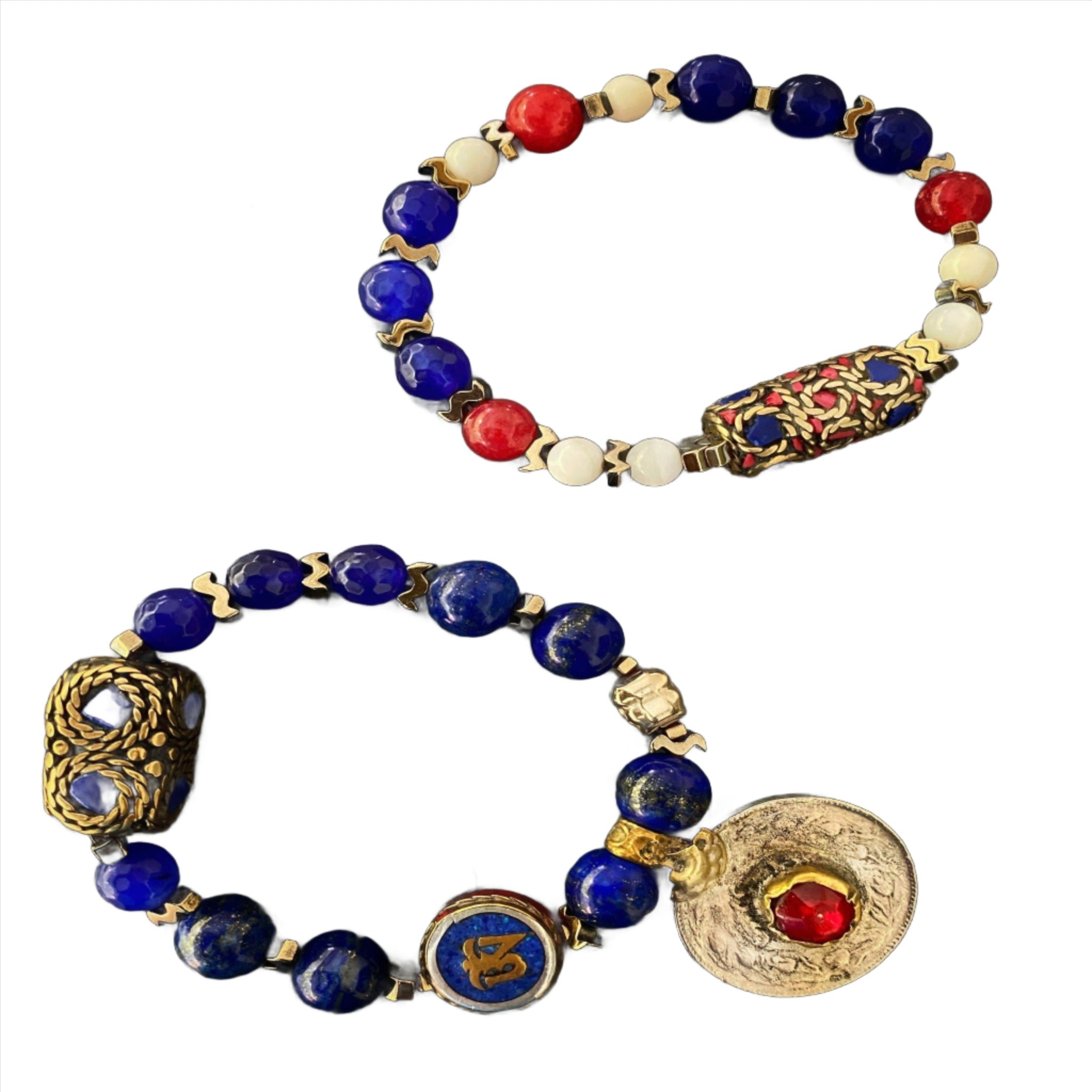 Classy Aegean Bracelet Set with Lapis Lazuli Stone Beads and Handmade Large Nepal Bead with Lapis Lazuli and Red Coral Stones.