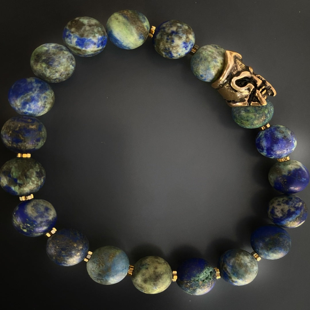 Another angle of the Green World Bracelet, highlighting the intricate details of the azurite stone beads. Each bead has its unique variations in color and pattern, adding to the bracelet&#39;s natural and artisanal feel.