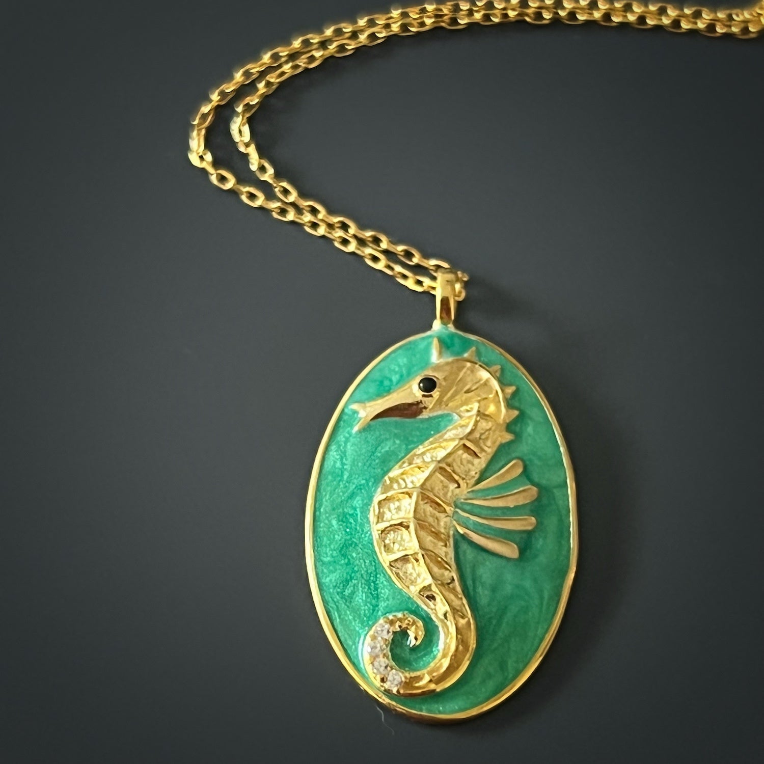 The Spirit Animal Green Seahorse Necklace, a versatile and eye-catching jewelry item that serves as a reminder of the wearer&#39;s inner qualities.