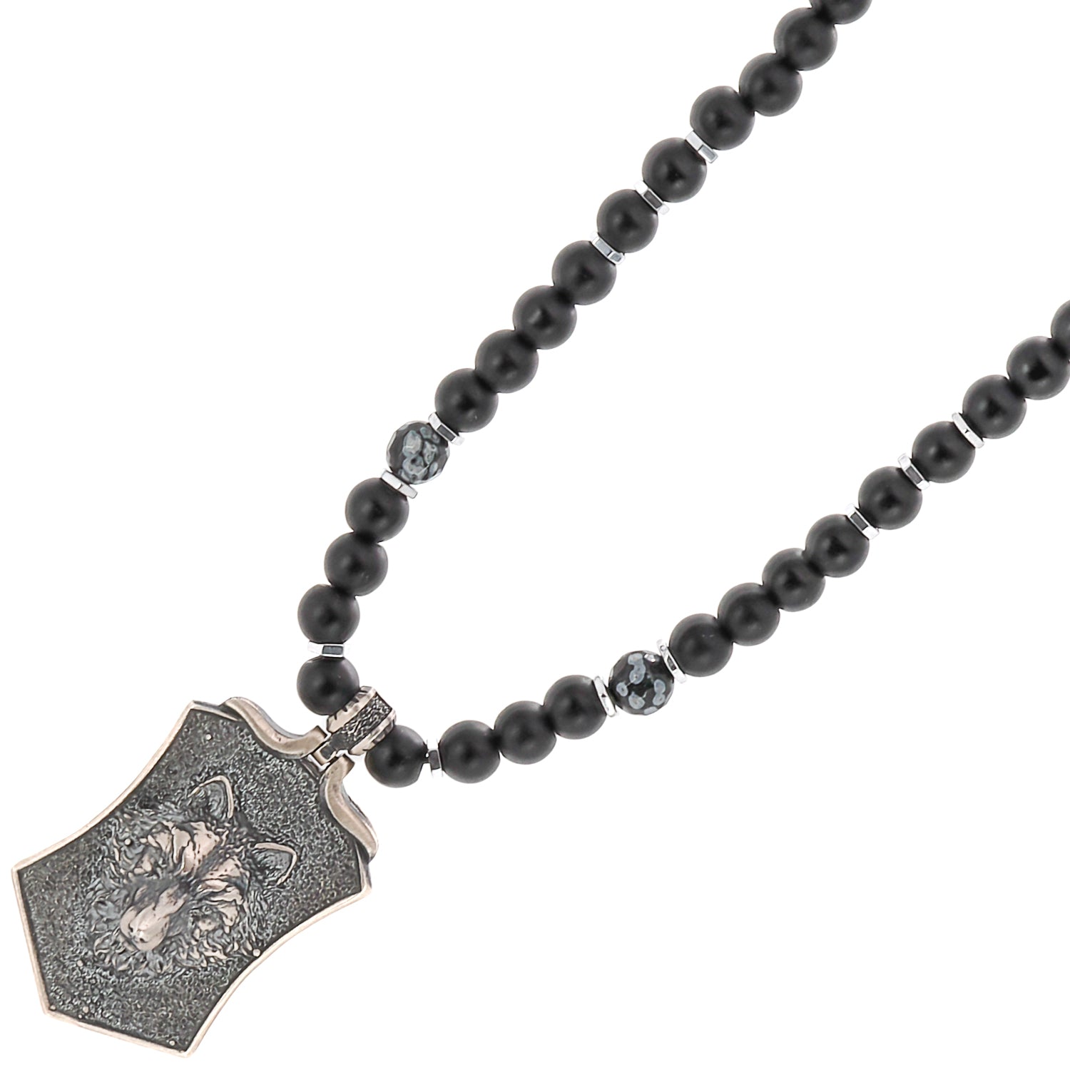 Experience the powerful energy of the Spirit Onyx Wolf Necklace, adorned with black onyx and snowflake obsidian beads.