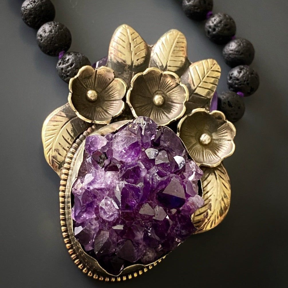 Spiritual Amethyst Necklace crafted with amethyst and lava rock stones, a symbol of spiritual connection and balance.
