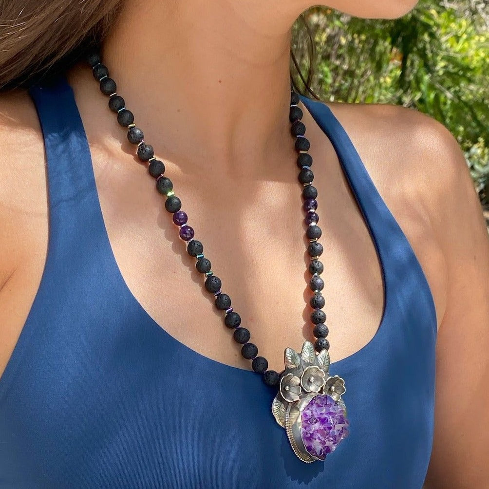 Model confidently wearing the Spiritual Amethyst Necklace, radiating elegance and a sense of tranquility.