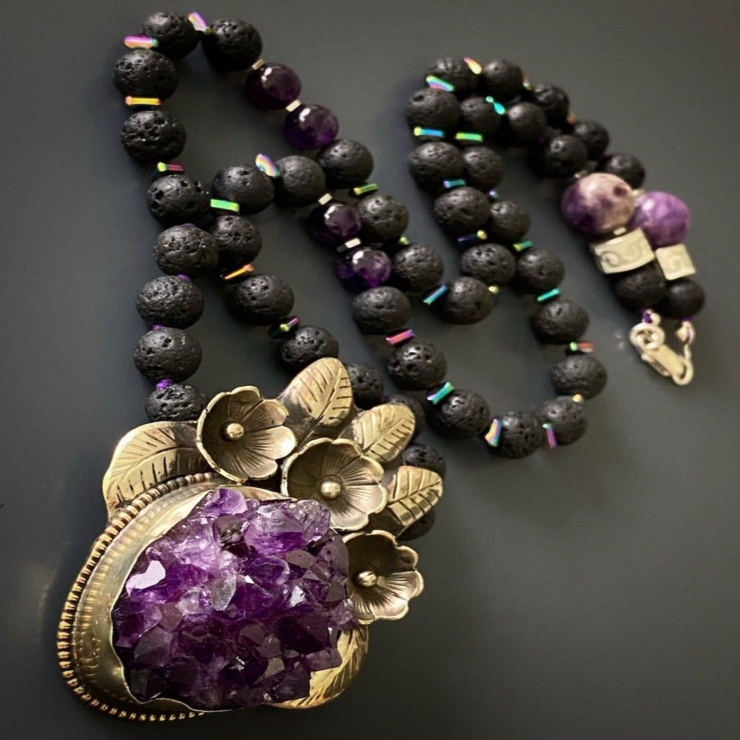 Spiritual Amethyst Necklace, a unique piece of handmade jewelry combining the beauty of amethyst and lava rock stones.