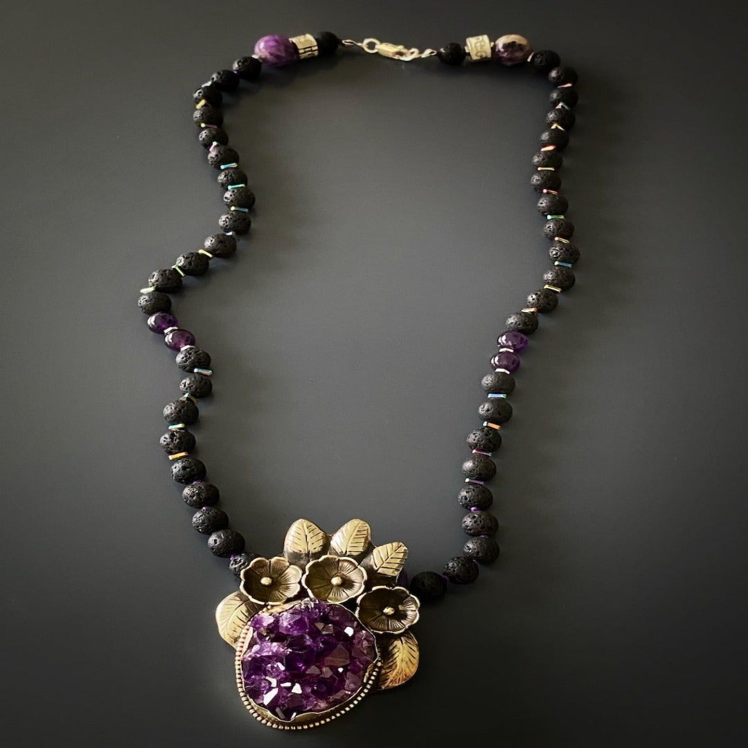 Spiritual Amethyst Necklace, a stunning accessory that harmonizes the energy of amethyst and lava rock stones.