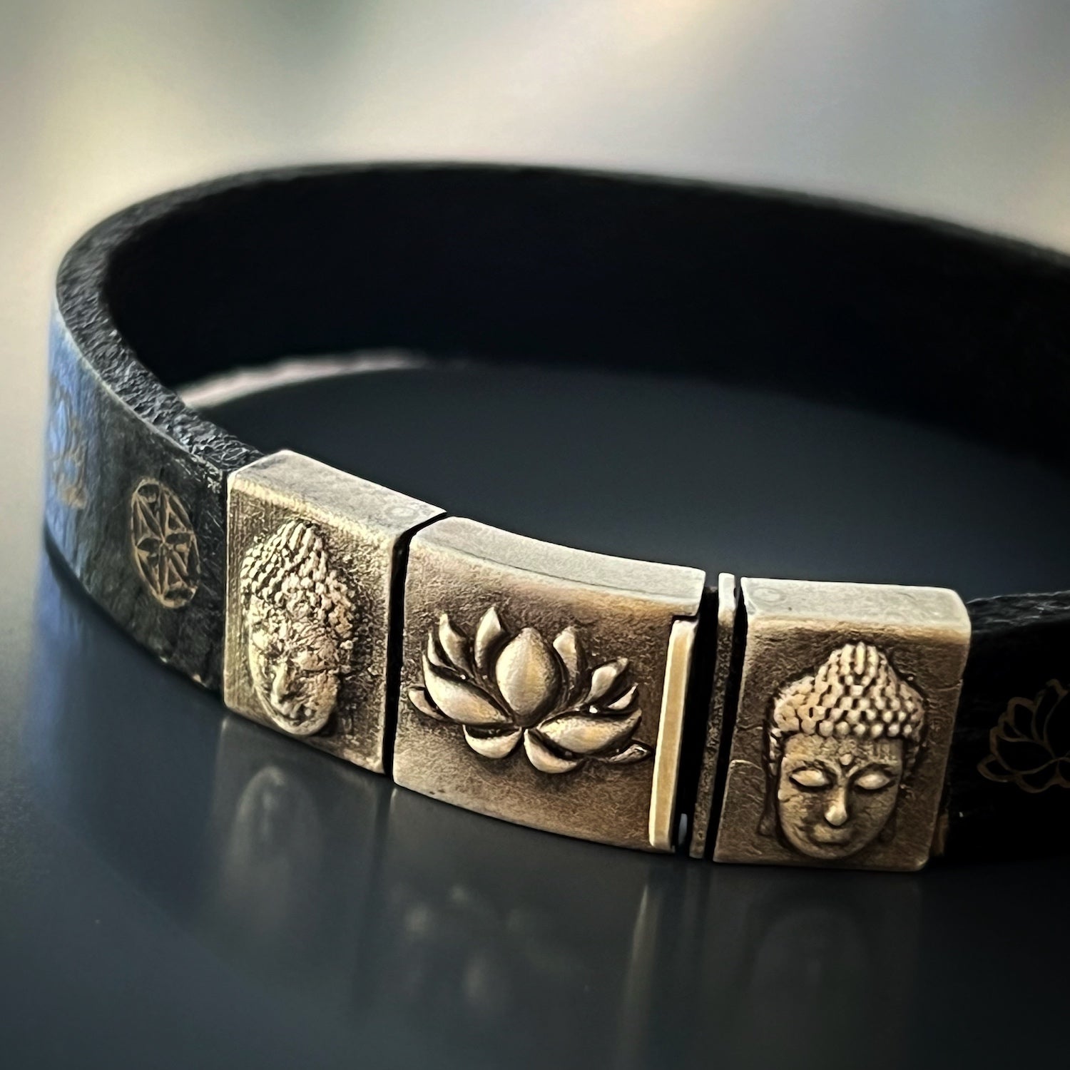 Unique Bangle Design - Spiritual Buddha and Lotus Bracelet with laser-engraved leather.