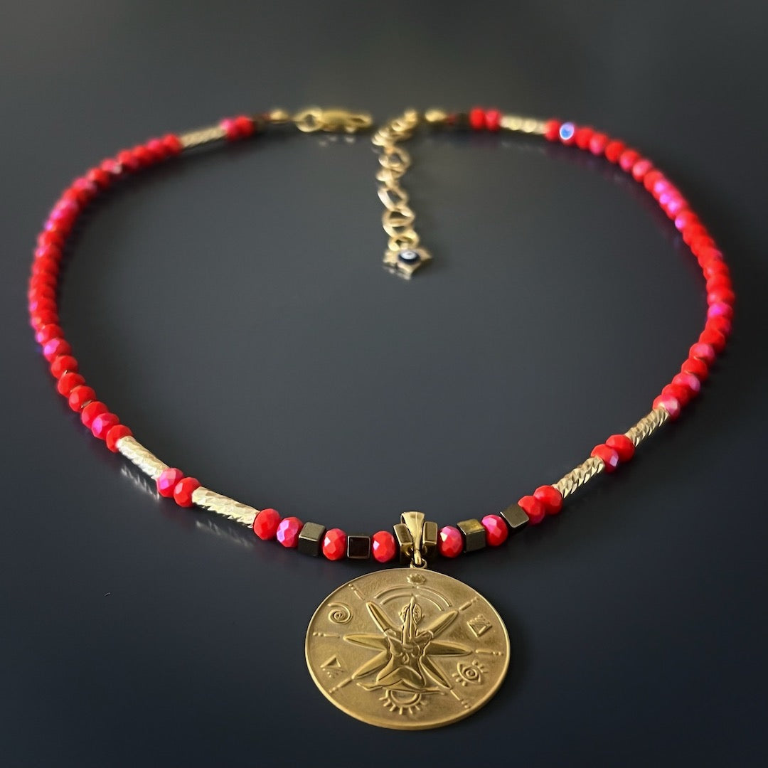 Handcrafted Necklace with 18K gold vermeil accents and a captivating meditation pendant.