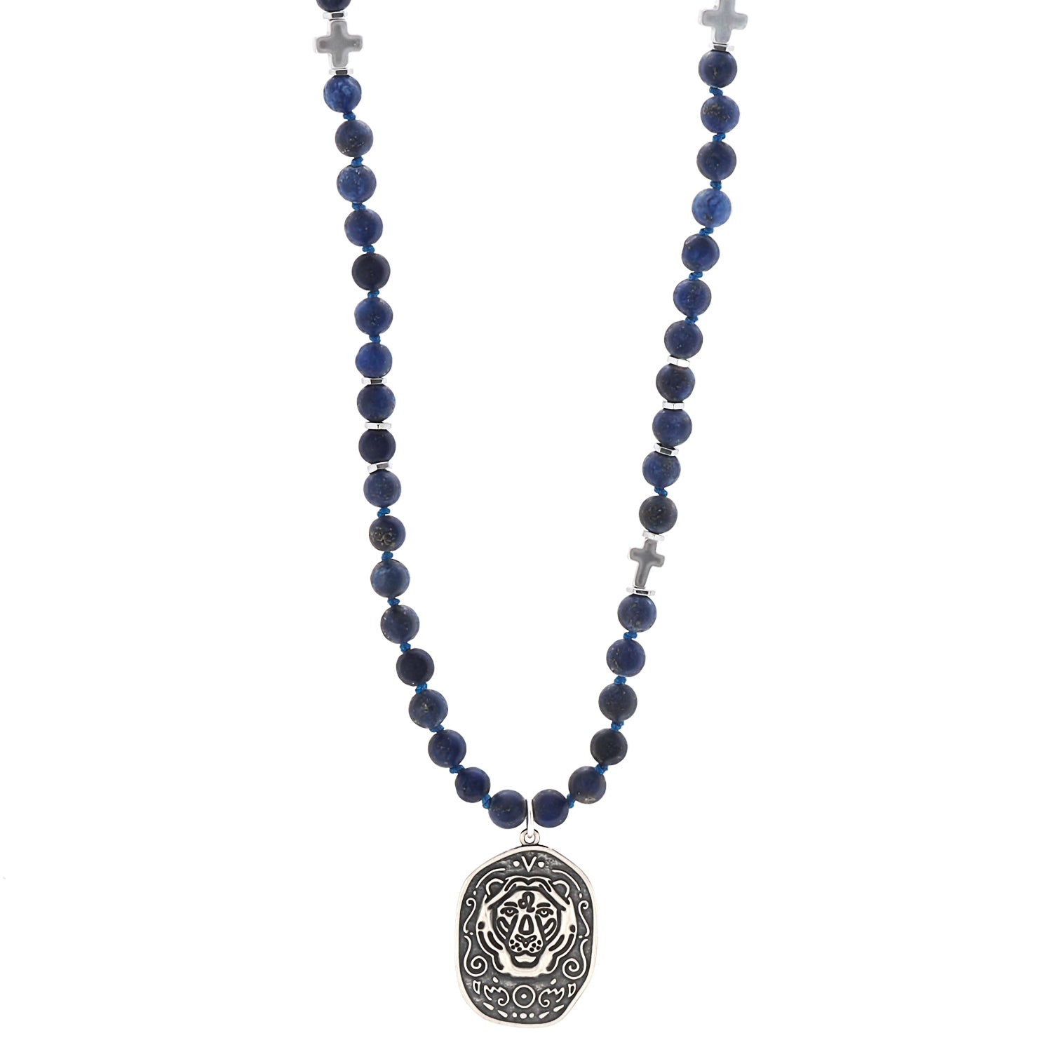 Experience the spiritual energy of the Spiritual Lapis Lazuli Lion necklace, adorned with lapis lazuli and silver hematite stone beads.