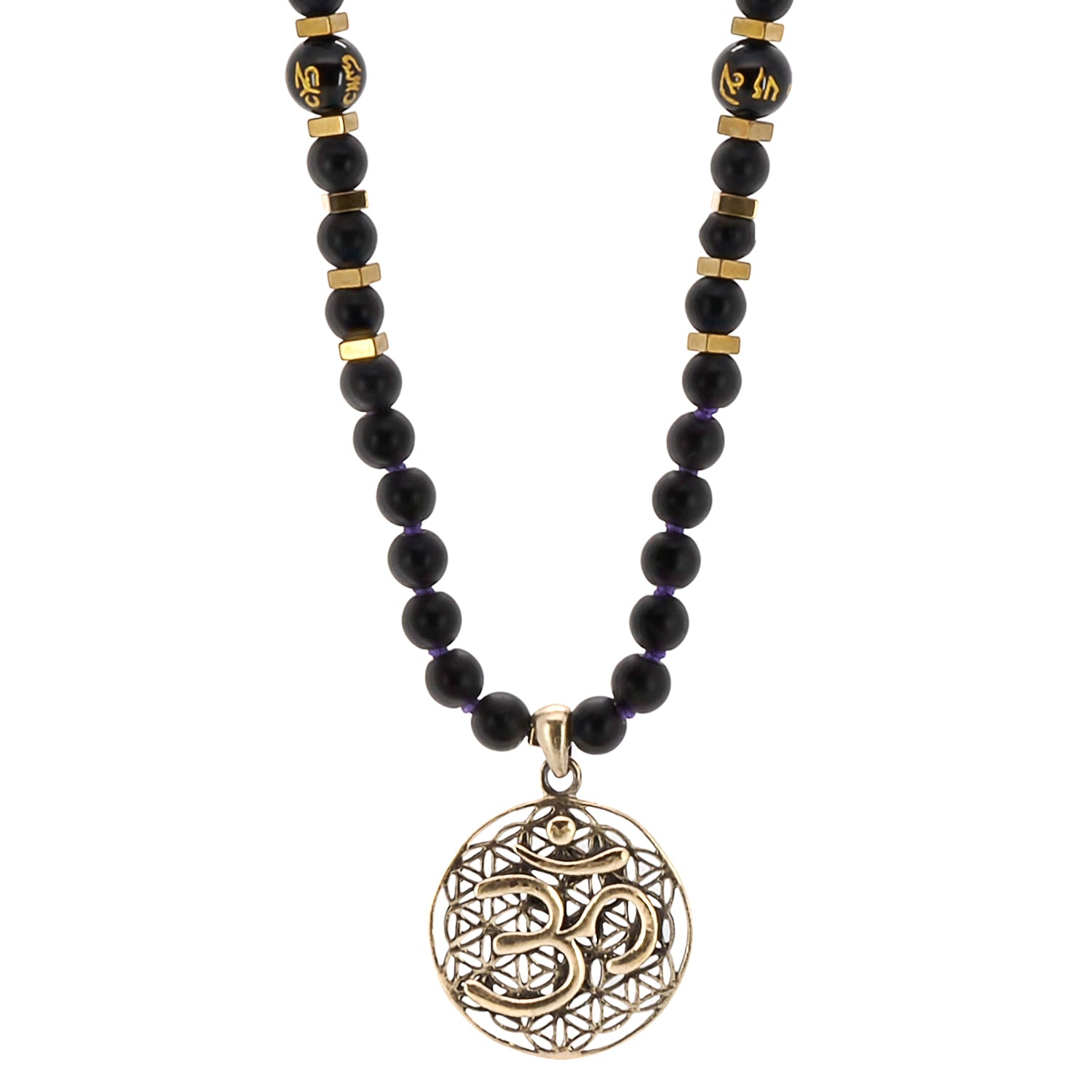 A close-up of the Spiritual Yoga Mala Onyx Necklace, showcasing its black onyx stone beads