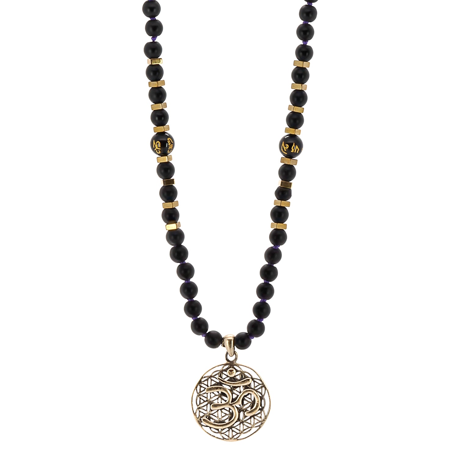 A detailed view of the meditation seed beads on the Spiritual Yoga Mala Onyx Necklace