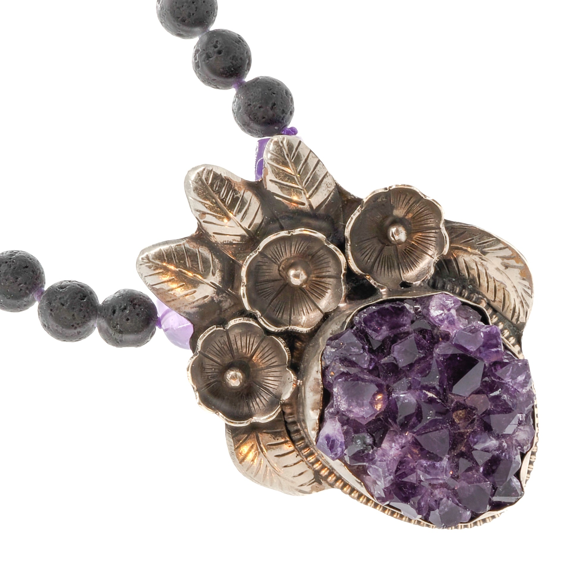Spiritual Amethyst Necklace crafted with natural amethyst stone beads and a flower silver pendant, radiating tranquility and spirituality.