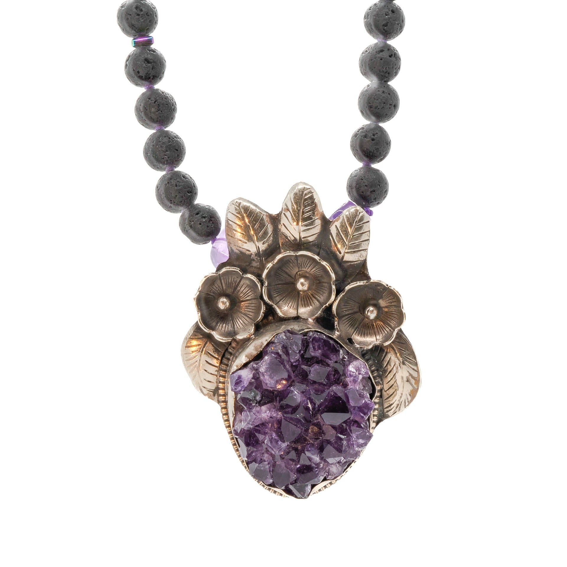 Elegant Spiritual Amethyst Necklace with a flower silver pendant and natural amethyst stone beads.