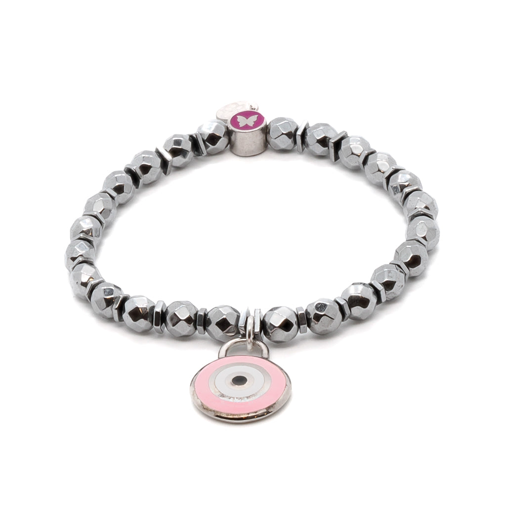 Embrace the spiritual elegance of the Spiritual Pink Evil Eye Bracelet, featuring silver hematite stone beads and a Sterling silver pink enamel evil eye charm.