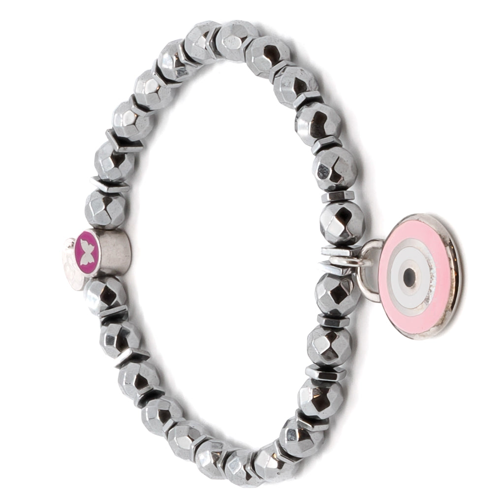 Add a touch of spirituality to your look with the Spiritual Pink Evil Eye Bracelet, adorned with silver hematite stone beads and a Sterling silver pink enamel evil eye charm.