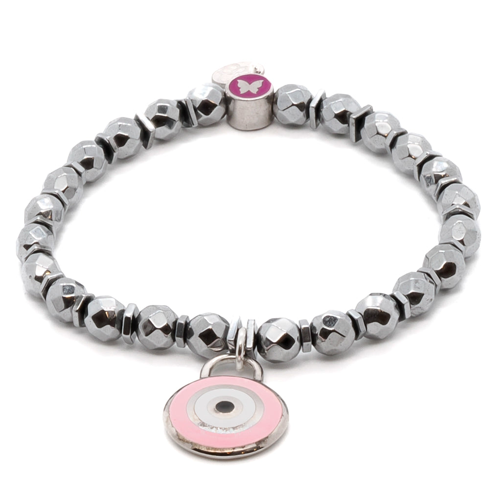 Explore the transformative power of the Spiritual Pink Evil Eye Bracelet, featuring hematite stone beads and a Sterling silver pink enamel butterfly accent bead.