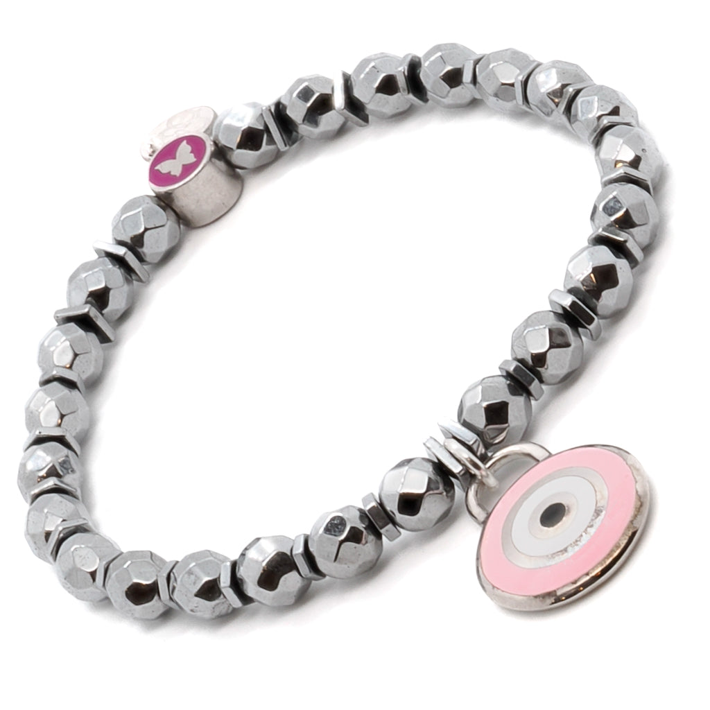 Experience the protective energy of the Spiritual Pink Evil Eye Bracelet, crafted with silver hematite stone beads and a Sterling silver pink enamel evil eye charm.