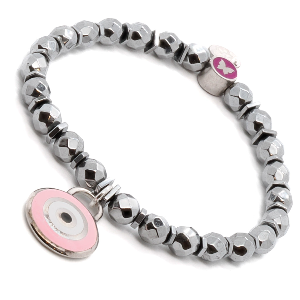 Discover the beauty and meaning of the Spiritual Pink Evil Eye Bracelet, adorned with hematite stone beads and a Sterling silver pink enamel evil eye charm.