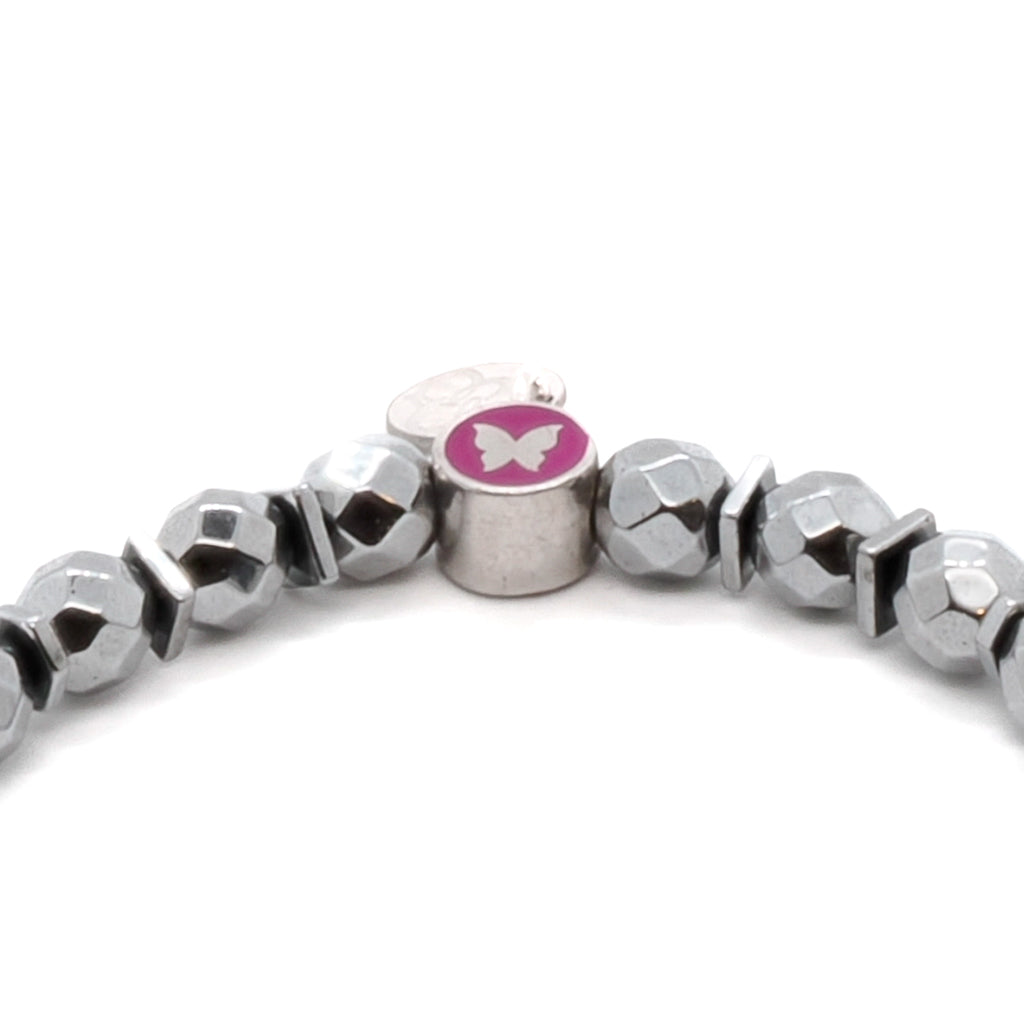 Elevate your style with the Spiritual Pink Evil Eye Bracelet, showcasing the elegance of silver hematite stone beads and a Sterling silver pink enamel evil eye charm.