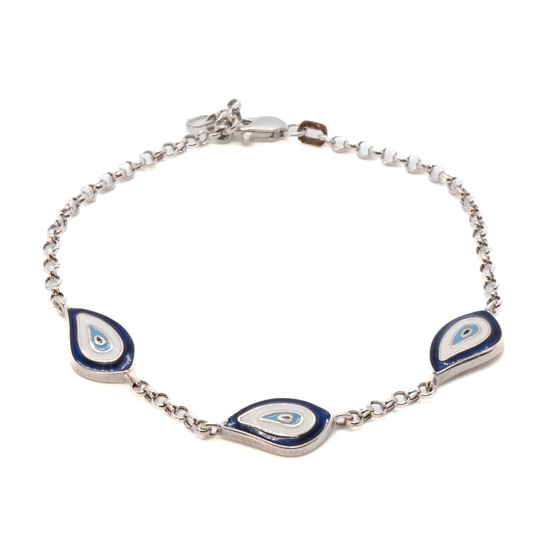 Teardrop Evil Eye Bracelet - Handcrafted from 14 Carat white gold with blue and white enamel.