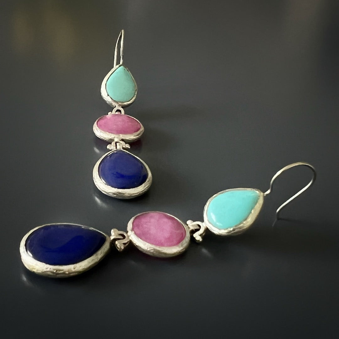Art Nouveau style - Aquamarine, Quartz, and Lapis Lazuli stones in one earring