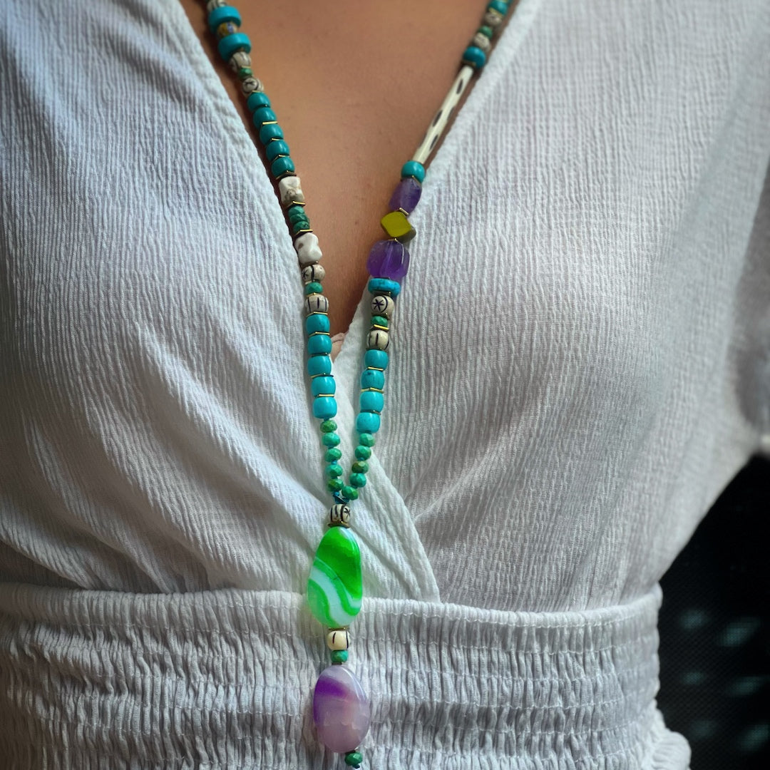 Serene Beauty - Our model showcases the Turquoise Beaded Necklace with Grace.