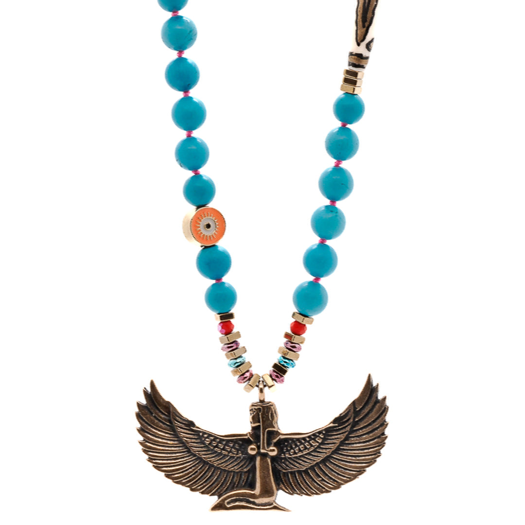 Turquoise Goddess Isis Necklace - Handcrafted with 8mm Turquoise Stone Beads and a Bronze Goddess Isis Pendant.
