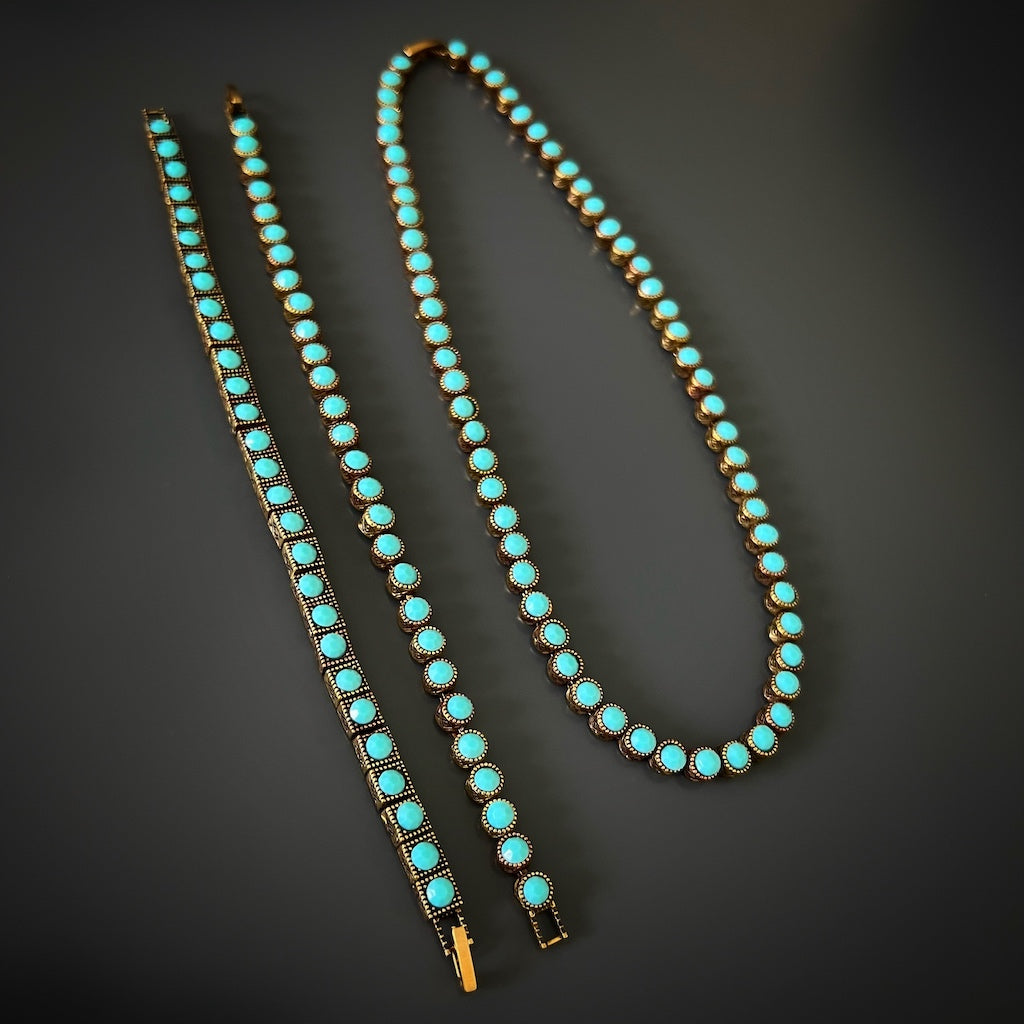 This handmade bronze tennis necklace showcases the timeless elegance of turquoise, inviting inner peace and harmony into your life.