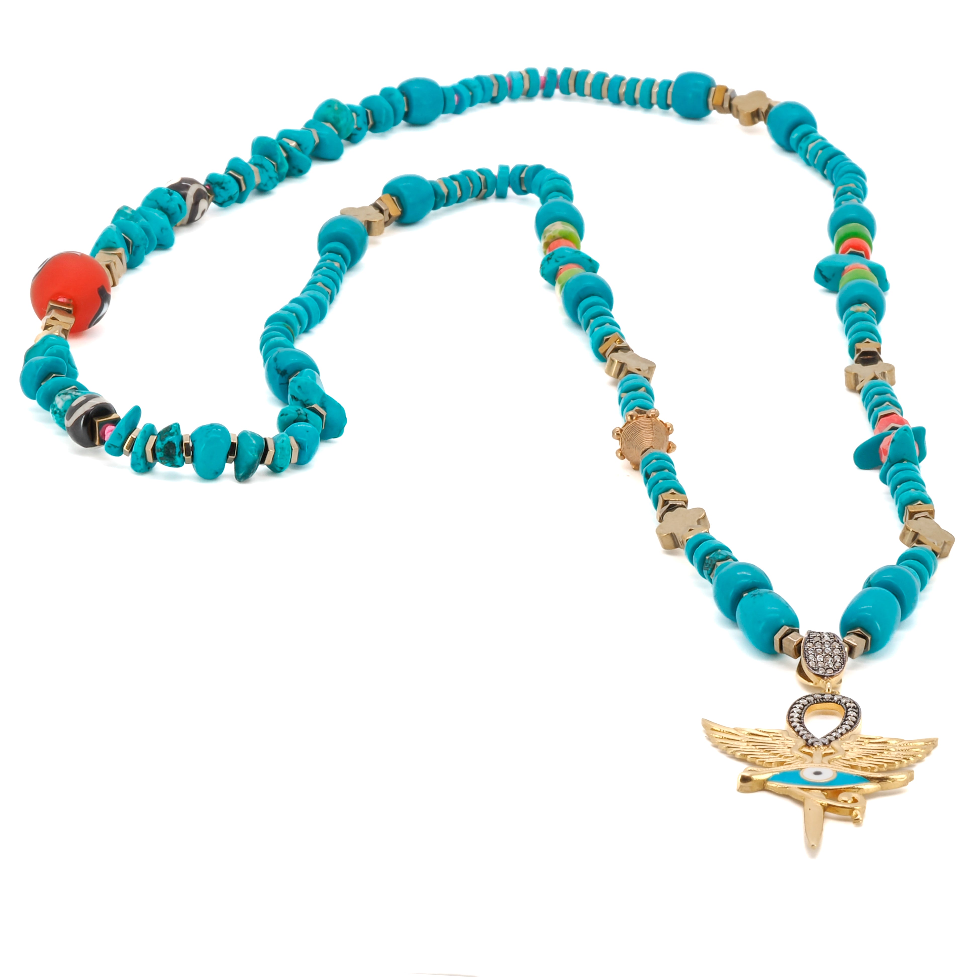 The combination of turquoise, gold hematite, and coral beads on the Unique Eye of Horus Turquoise Necklace