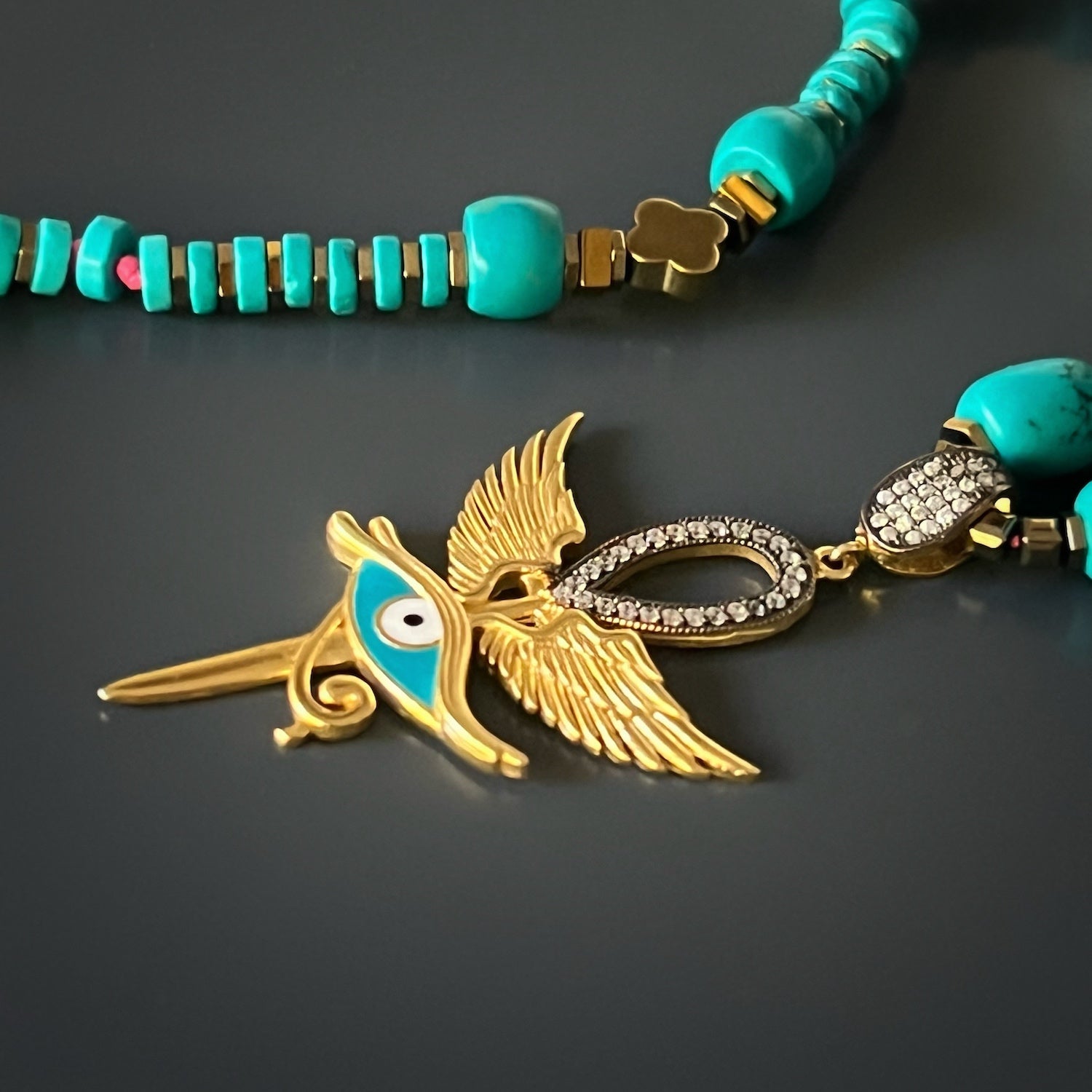 The Unique Eye of Horus Turquoise Necklace adding a touch of cultural and historical significance
