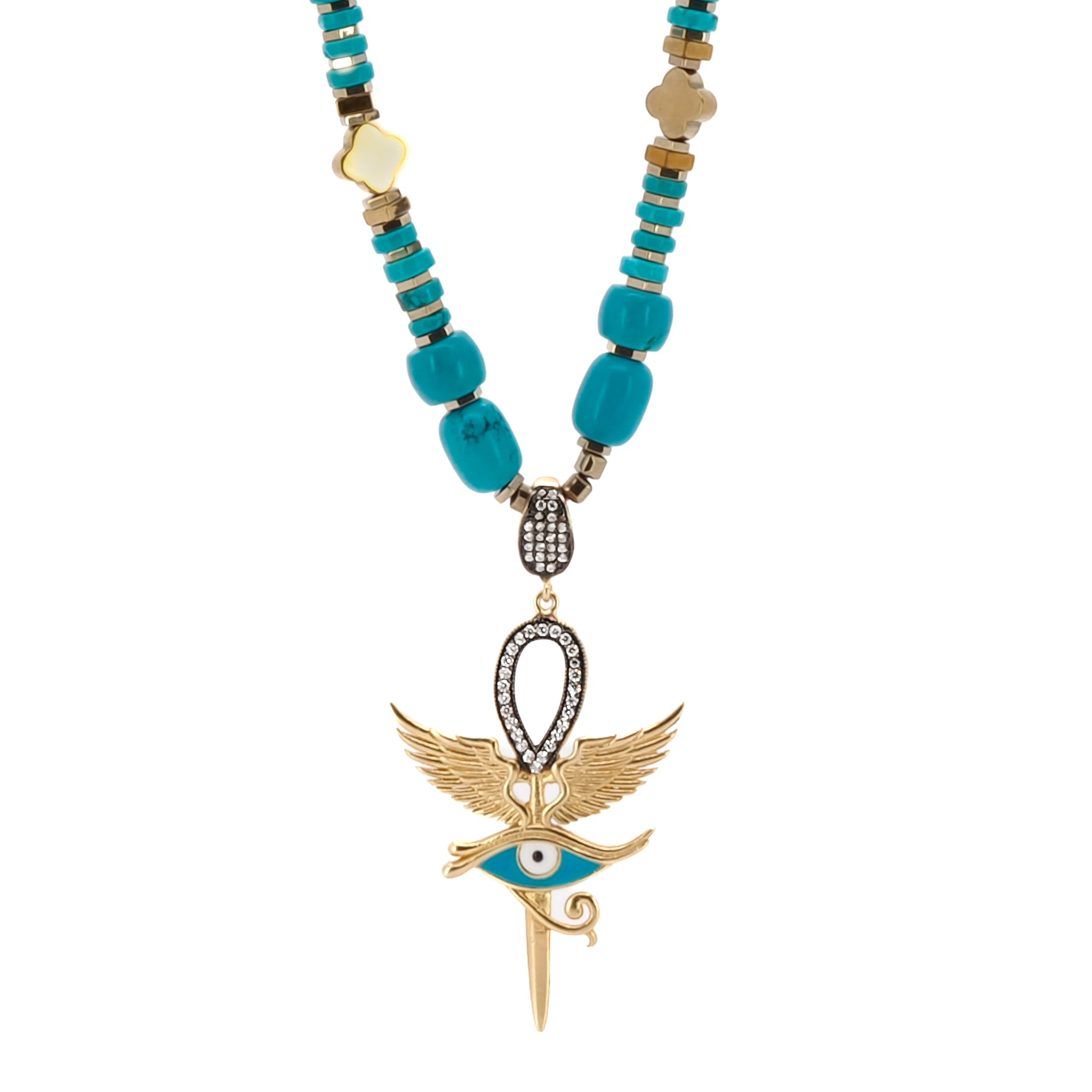 A close-up of the Unique Eye of Horus Turquoise Necklace, showcasing the intricate Eye of Horus pendant