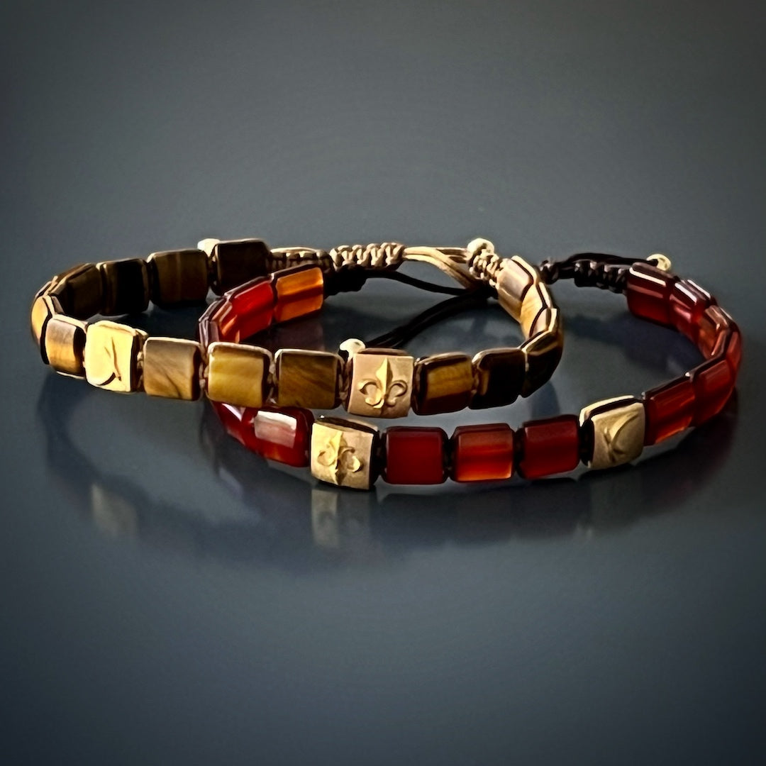 Handmade in the USA - Woven Agate Gold Fleur De Li Bracelet, crafted with love and care.