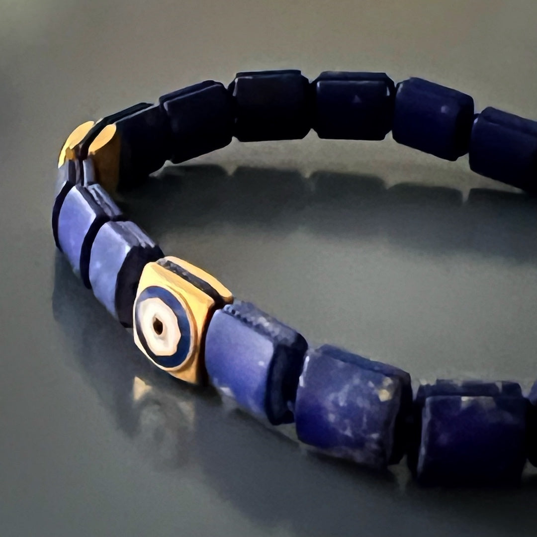 Handmade in the USA - Woven Lapis Lazuli Evil Eye Bracelet, crafted with love and care.