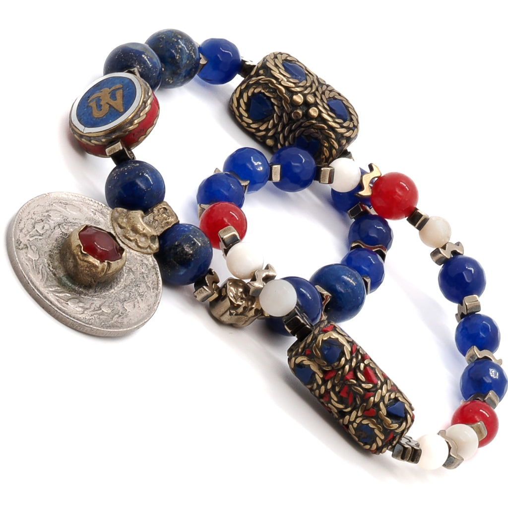 Unique Aegean Bracelet Set with Lapis Lazuli Nepal Om Bead; handcrafted and one of a kind