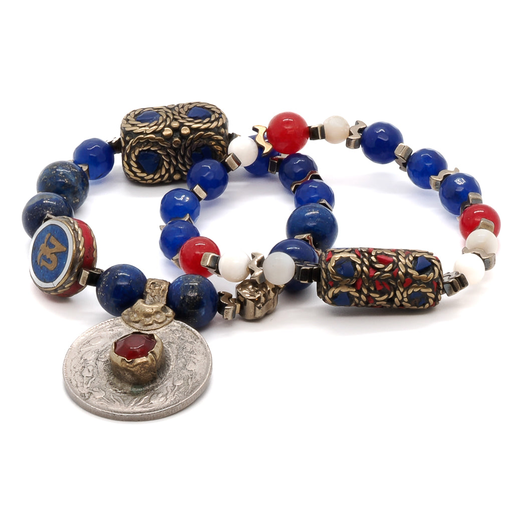 Handmade Aegean Bracelet Set with vibrant blue and gold beaded bracelets; perfect for any outfit