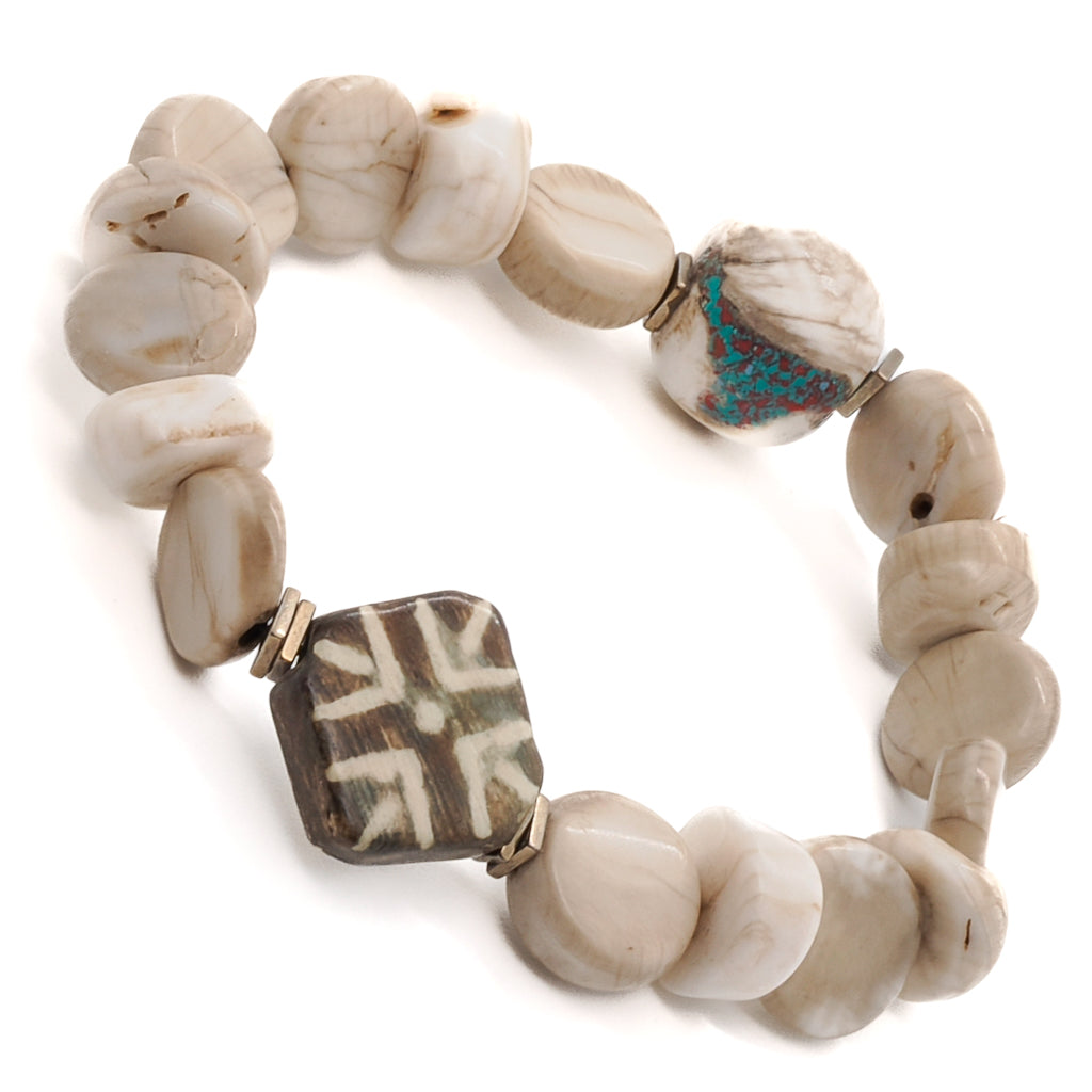 Stylish African Bone Beads bracelet with geometric natural wood bead and gold hematite stone spacers, perfect for everyday wear