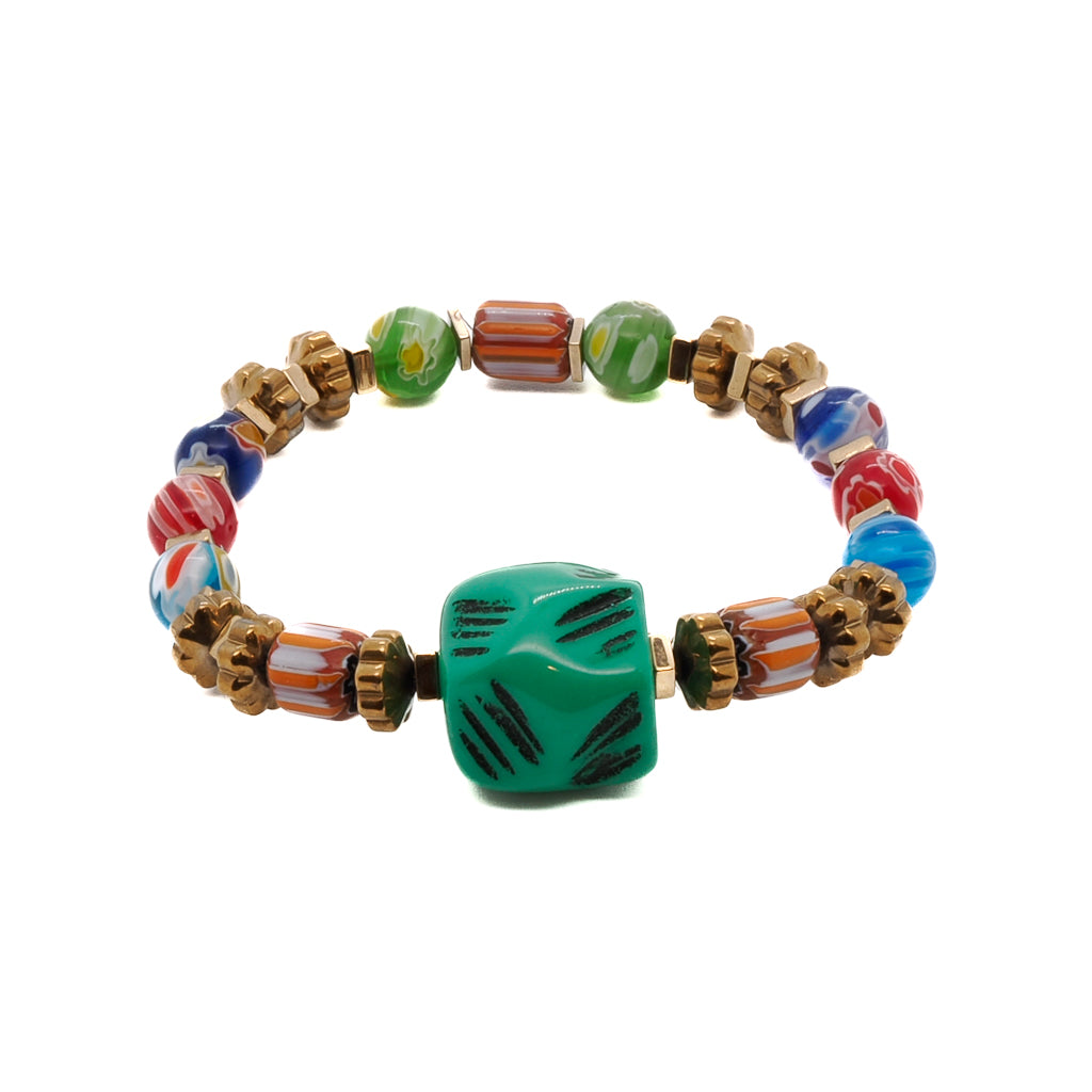 African Colors Women Bracelet; handmade geometric glass and African beads on gold hematite spacers