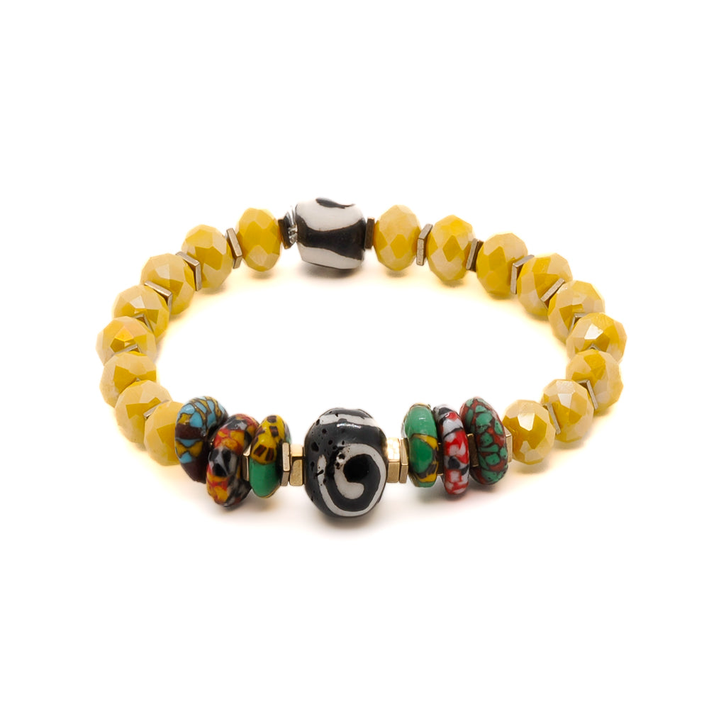 African Yellow Women Bracelet; a colorful, handmade accessory featuring a mix of African and crystal beads with Nepal bead accents
